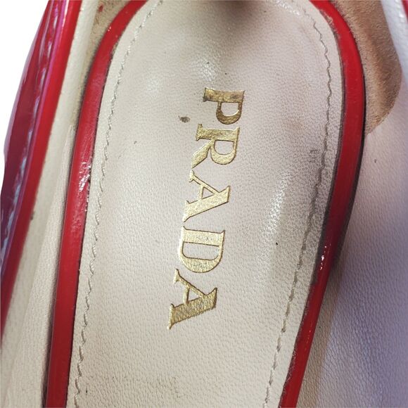 Prada Red Patent Leather Wedge Peep Toe Heels Women Shoe 36.5 US 6.5 - Picture 10 of 12